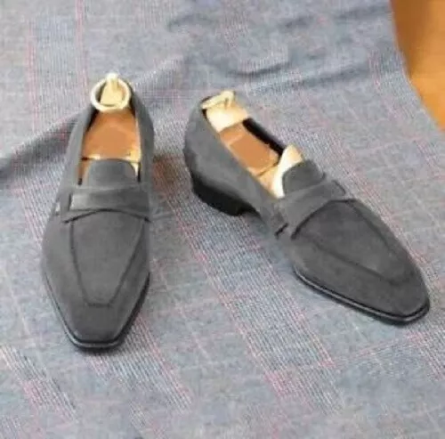 Handmade Men Gray Suede Loafer, Men Gray Dress Shoes, Moccasins for Men - £125.15 GBP