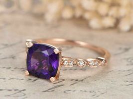 1.25Ct Cushion Cut Amethyst Diamond Solitaire Engagement Ring 14K Rose Gold Over - £76.22 GBP