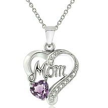 0.92 Ct 14K White Gold Over Silver Amethyst &amp; Diamond Heart Pendant Necklace - £52.56 GBP