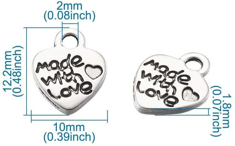 Metallic Made with Love Heart Charm Finding Pendant 10pcs for Jewellery & Crafts