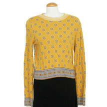 FREE PEOPLE Yellow New Age Print Cotton Blend Crew Neck Sweater XS - £55.03 GBP