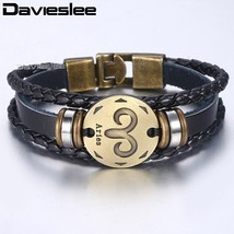Davieslee 12 Zodiac Sign Horoscope Leather Bracelet For Men Vintage Retro Charm  - £9.06 GBP