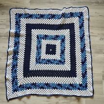 Granny Square Crochet Afghan Blanket Vintage Handmade Throw Blue Knitted... - $19.18