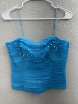 Womens Davids Bridal Blue Sequined Spaghetti Strap Ruffled Zip Up Back Crop Top - £5.22 GBP