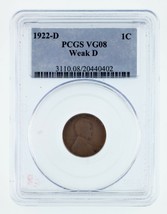 1922-D 1C Wheat Penny Weak D Graded by PCGS as VG-08! Gorgeous! - £166.17 GBP