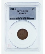 1922-D 1C Wheat Penny Weak D Graded by PCGS as VG-08! Gorgeous! - £164.26 GBP