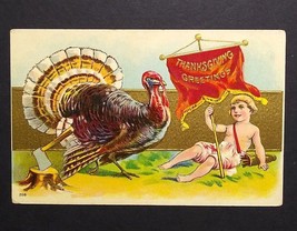 Thanksgiving Greetings Turkey Boy Ax Flag c1908 Embossed Antique Postcard (b) - £6.25 GBP