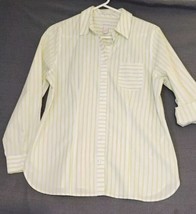 Chicos Shirt Womens M White Green Striped No Iron 100% Cotton Button Up Roll Tab - £15.69 GBP