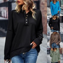 Womens Casual Button V Neck Hoodie Oversized Pullover Sweatshirt Ladies ... - £115.62 GBP