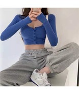 New Women’s Long Sleeve Crop Top, Slim Fit, Y2K Style Above Belly Blue S... - $13.54