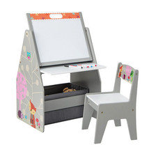 3 in 1 Kids Easel and Play Station Convertible with Chair and Storage Bins-Gray - £86.31 GBP