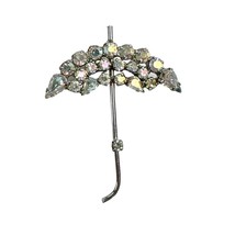 Rhinestone Umbrella Parasol Vintage Signed B David Silver Tone Brooch - $30.29