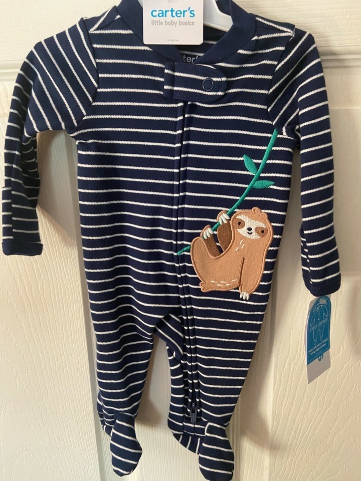 Carter&#39;s Boy&#39;s Blue Striped Zippered front Sloth Jammies Preemie kk1 *NEW* - $9.99