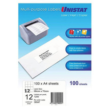 Unistat Laser/Inkjet/Copier Label 100pk - 12/sheet - £45.32 GBP