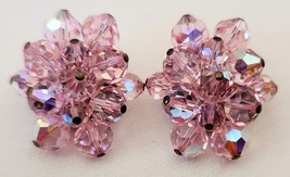Vintage Mid Century Modern Wired Pink Cut Crystal Beaded Clip On Earrings 1950&#39;s - £18.34 GBP