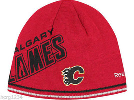 Calgary Flames RBK Center Ice Reversible NHL Player Striped Knit Hat Beanie - £14.98 GBP