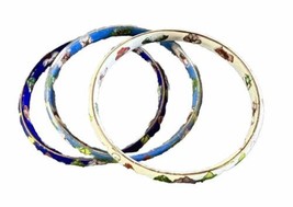 3 Vintage Blue Multicolor Cloisonné Enamel Floral Design Bangle Bracelets EUC - £22.20 GBP