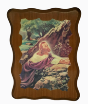 Warner Sallman Jesus Praying Kneeling Mount Olive Hardwood Scalloped Vintage  - £14.71 GBP