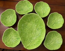 Vtg Green Ceramic Lettuce Leaf Serving Bowl 6 Salad Bowls Set Retro Tabl... - $1,631.17 MXN