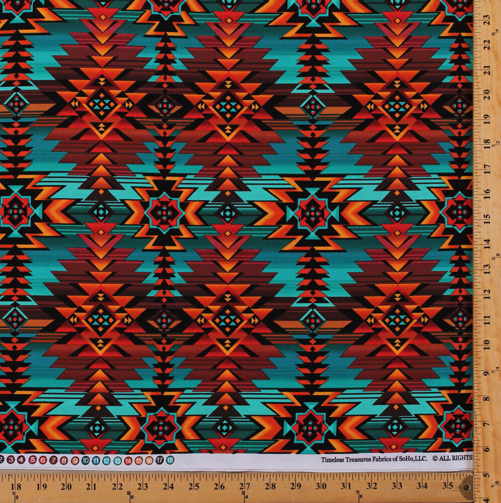 Southwestern Tribal Diamonds Turquoise Brown Cotton Fabric Print BTY D36... - $15.95