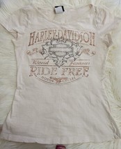 Harley Davidson Embellished Beige Top Size Medium 100% Cotton - £9.48 GBP