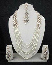 Indian White Pearl Necklace Set Rani Haar Bollywood Wedding Jewelry Tikka - £22.40 GBP