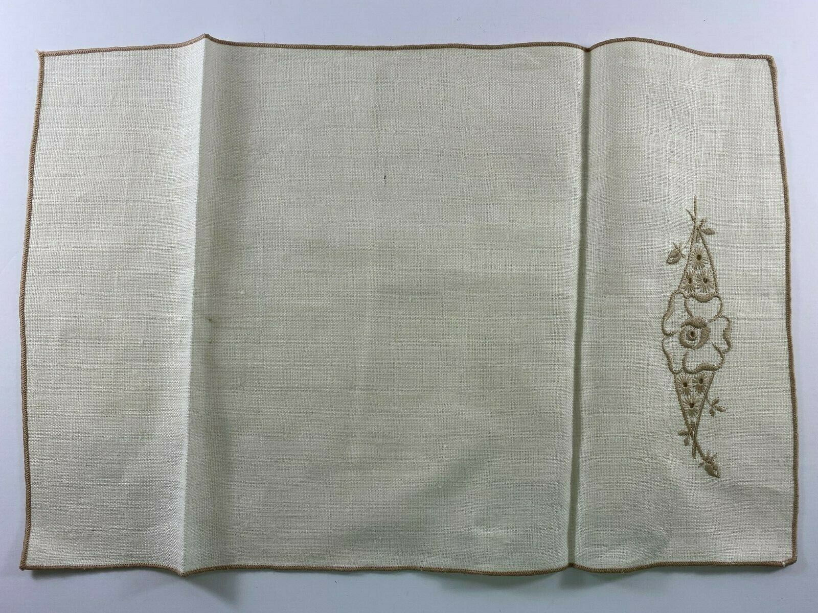 Vintage Lot 4 Ivory Linen with Taupe Brown Floral Embroidery Placemats - £19.77 GBP