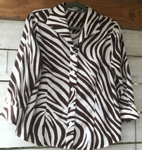 Foxcraft Wm sz 10 top wrnkle free blouse 3/4 cuff slv zebra strp btn dwn Brn Wht - £14.56 GBP
