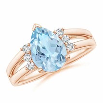 ANGARA Pear Aquamarine Ring with Triple Diamond Accents for Women in 14K Gold - £1,061.48 GBP
