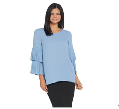Joan Rivers V-Neck Top with Pleated Sleeves Dusty Blue, 10, A309574 - £11.23 GBP