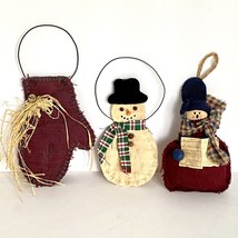 Country Christmas Handmade Holiday Ornaments Set Of 3 Caroler Snowman Mitten - £11.90 GBP