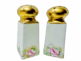 Vintage Hand Painted Roses Round Gold Gilded Top Porcelain Salt &amp; Pepper Shakers - £10.26 GBP