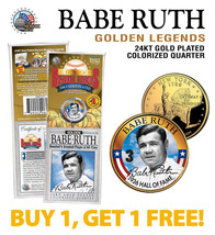 BABE RUTH Yankees #3 Golden Legends 24K Gold Plated State Quarter US Coi... - $14.92
