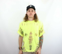 NOS Vintage 90s Streetwear Cut Fringed Short Sleeve T-Shirt Yellow Adult... - $19.75
