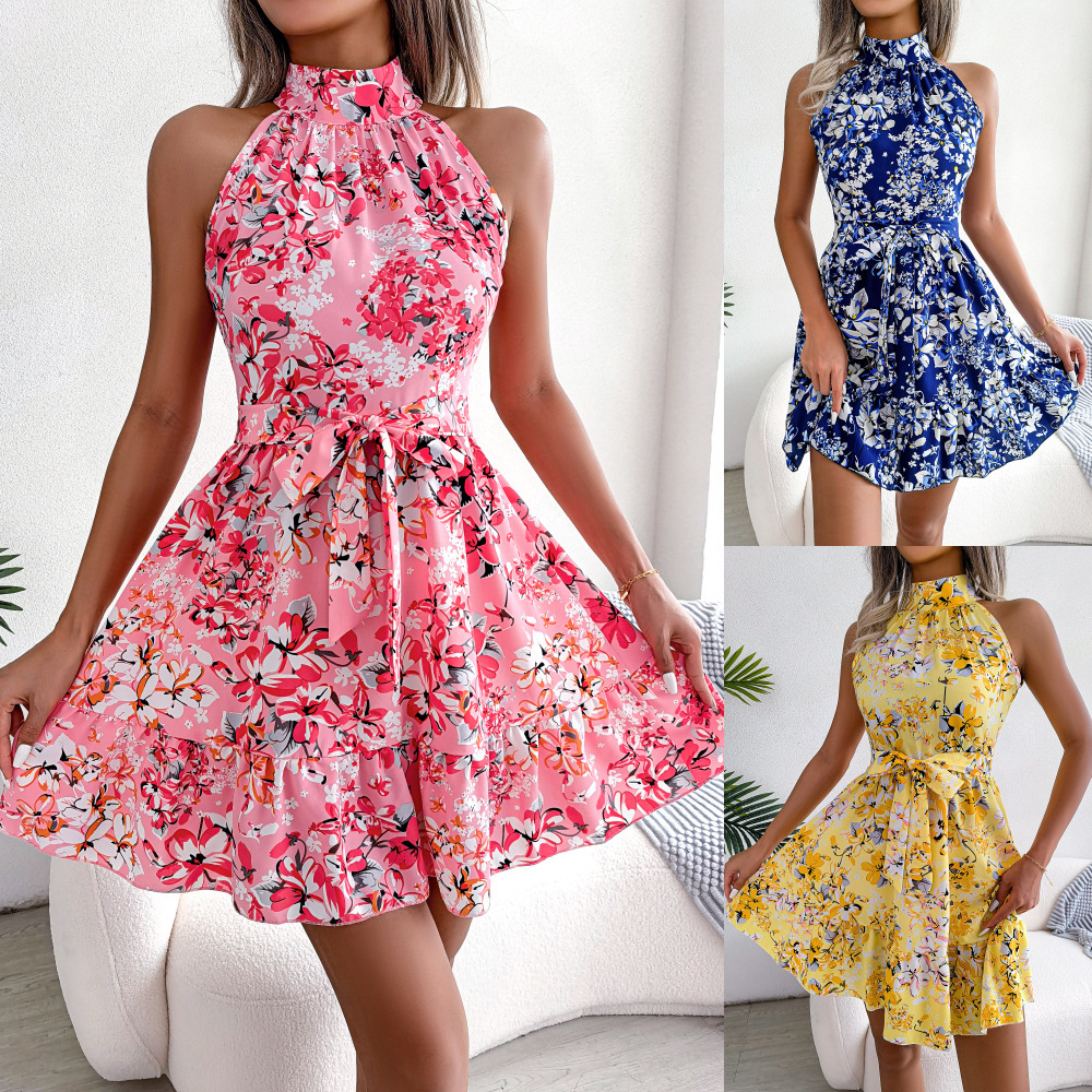 Primary image for Lace-up Ruffled Floral Dress with Full Hem, Elegant Ladies Dress, Vacation Dress