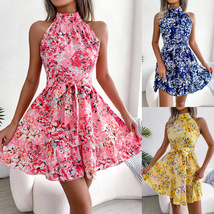 Lace-up Ruffled Floral Dress with Full Hem, Elegant Ladies Dress, Vacation Dress - £21.11 GBP