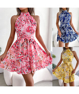 Lace-up Ruffled Floral Dress with Full Hem, Elegant Ladies Dress, Vacati... - £21.10 GBP