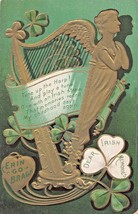 St Patricks Day~Gilt Harp &amp; Shamrocks~Tune Up The harp~1910s Embossed Postcard - £6.95 GBP
