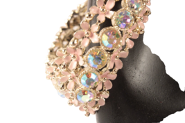 Stunning Hinged Clamper Bracelet Pink Enamel Flowers and AB Rhinestones - £32.05 GBP