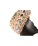 Stunning Hinged Clamper Bracelet Pink Enamel Flowers and AB Rhinestones - £31.84 GBP