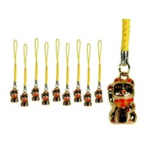 10 LUCKY GOLD CAT BELL CHARMS Kitty Maneki Neko Brass Hanging Phone Stra... - $18.95