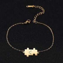 Jigsaw Puzzle Piece Charm Bracelet Gold Stainless Steel Autism Awareness Bangle - $14.99