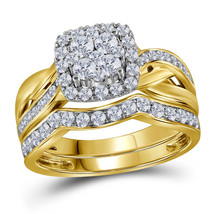 14kt Yellow Gold Round Diamond Cluster Bridal Wedding Engagement Ring Band Set - £1,035.97 GBP