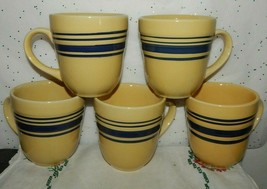 Gibson Everyday Coffee MUGS Cups Set of 5 Cream w/Cobalt Blue Stripes. - $29.65