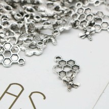 5 Bee Charms Honeycomb Pendants Antiqued Silver Dangle Set Insect Spring - £2.85 GBP