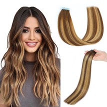 Tape In Hair Extensions Human Hair Chocolate Brown To Dark Blonde #T4/P27/4 20Pc - $51.99