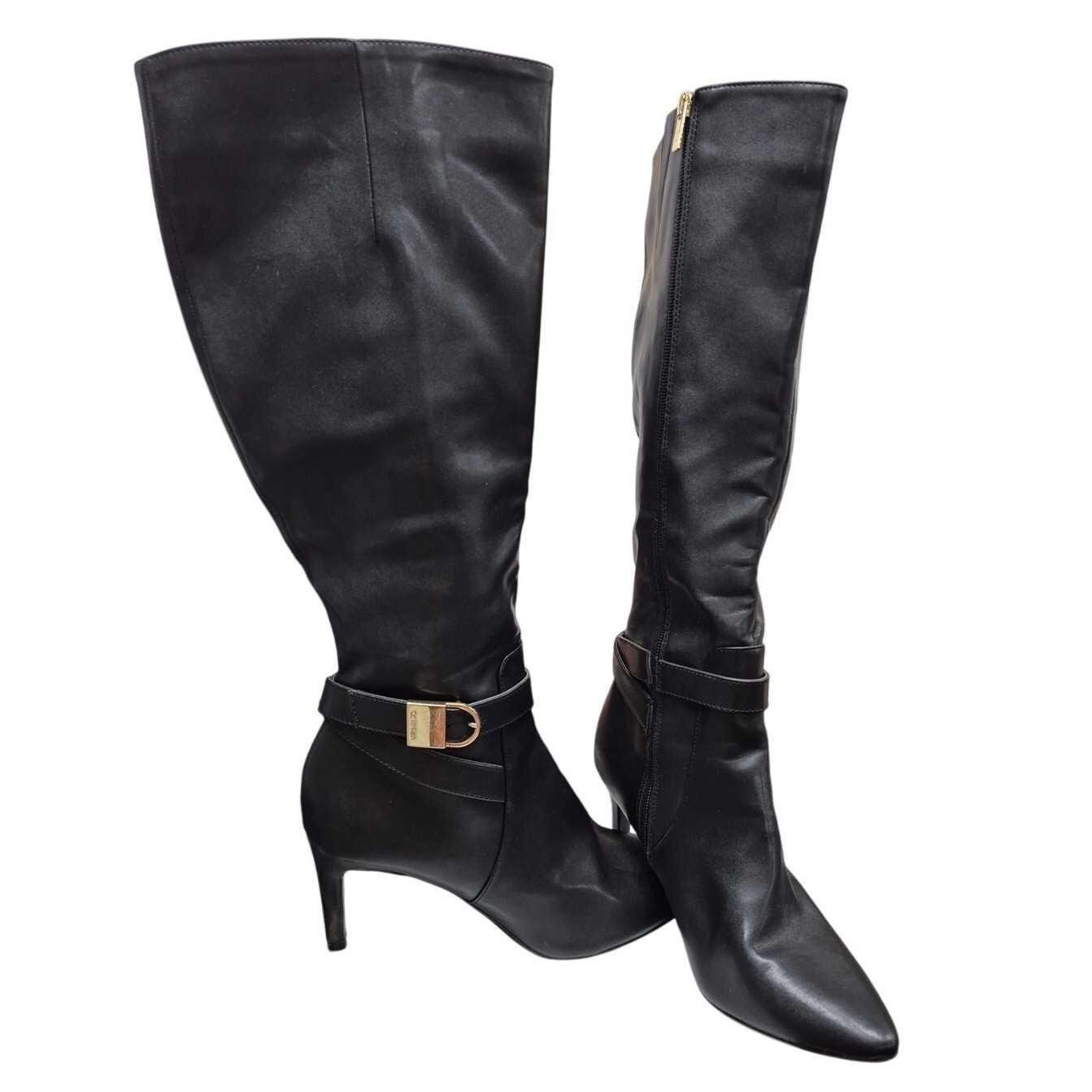 CALVIN KLEIN JEMAMINE $230 Black Vegan Leather Designer Tall Heel Boots 9.5 Item image 2
