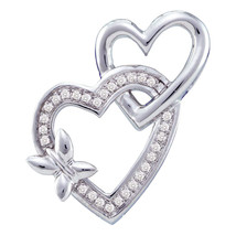 10k White Gold Womens Diamond Double Linked Heart Butterfly Pendant 1/10 Cttw - £175.05 GBP