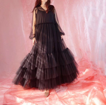 Black Maxi Tutu Dress Women Plus Size Loose Fitting Tiered Tulle Holiday Dress image 6