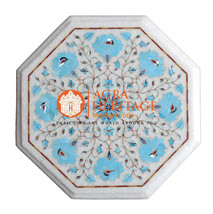 13&quot; Marble Coffee Table Top Turquoise Marquetry Inlay Outdoor Decorative H020 - £261.24 GBP